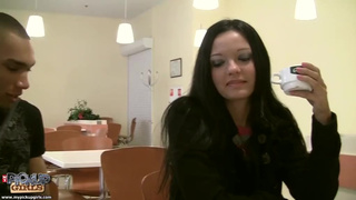 Frisky brunette teen in black stockings is having sex in the public